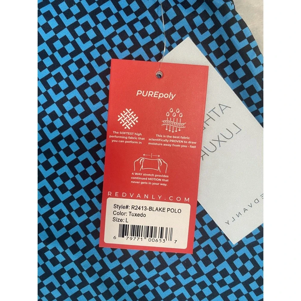 Redvanly‎ Blake Polo Shirt Mens Large Blue Tuxedo Logo Geometric Comfort Stretch - Picture 4 of 6